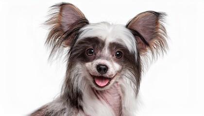 笑顔のチャイニーズ・クレステッド・ドッグの子犬のポートレート（Portrait of a smiling Chinese Crested Dog puppy on white background）
