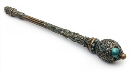 Ancient ceremonial magic wand with ornate designs, mystical patina,