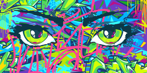 Cool Abstract Urban Futuristic Street Art Graffiti Style Background With Big Eyes Illustration