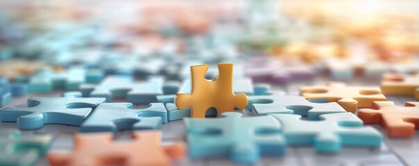 A close-up view of colorful puzzle pieces with a single yellow piece standing out, symbolizing uniqueness and problem-solving.