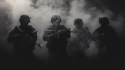 military squad sillhouette with smoke