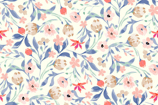 Cute feminine watercolor seamless pattern with wildflowers.hand drawn, not AI