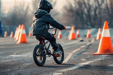 Obraz premium A young boy rides a bike through a maze of traffic cones, great for illustrating childhood fun and adventure