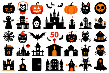 A set of Halloween silhouette elements on a white background. Set of icons for celebration. Vector illustration