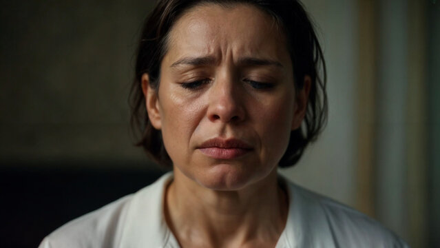 Una mujer de mediana edad con expresion muy triste  . ojos semi cerrados, mojados de lagrimas y llorando. boca entreabierta