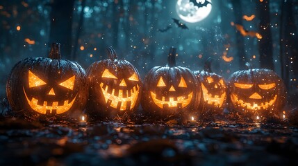 A Spooktacular Row of Jack-o'-Lanterns Illuminating a Misty Halloween Night in the Enchanted Forest