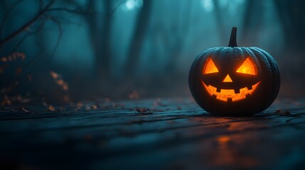 Naklejka premium A Spooky Glow: An Enchanting Jack-o'-Lantern Illuminates a Foggy Forest Night This Halloween Season