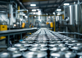 Fototapeta premium Automated Precision: Inside a Modern Factory’s High-Tech Production Line with Advanced Conveyor Systems and Efficient Workflow