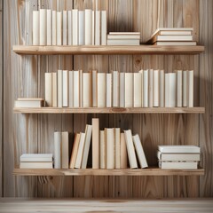 A minimalist wooden bookshelf filled with various blank books, perfect for a modern or rustic interior design aesthetic.