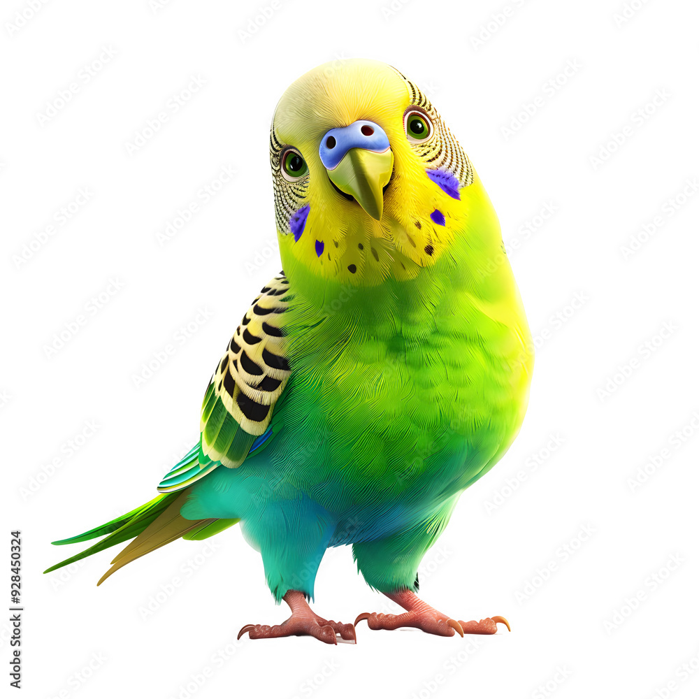 Poster brightly colored budgerigar parrot with striking green and yellow plumage, set against a clear backg