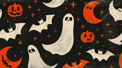 Spooky Halloween banner featuring ghosts, bats, pumpkins, and stars in mid-century style