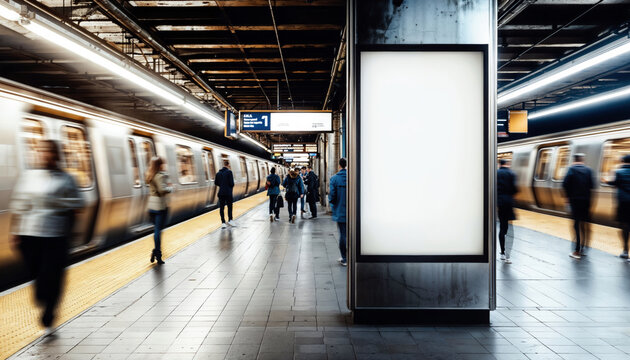 Blank billboard in subway station with train arriving and people walking