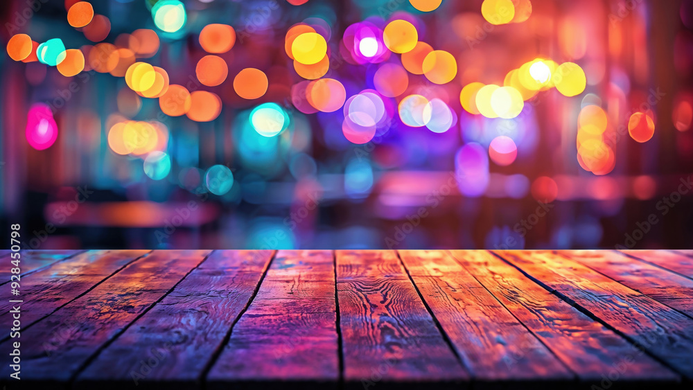 Poster empty wooden tabletop with colorful bokeh lights background