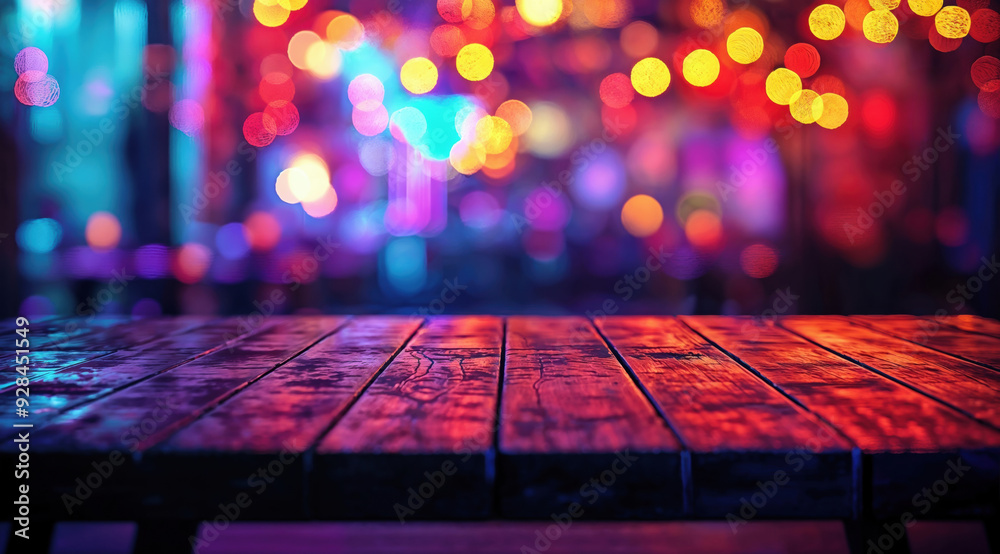 Poster Empty wooden table showing colorful bokeh lights background