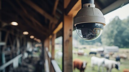 Surveillance camera monitoring a barn with livestock