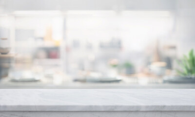A marble countertop with blurred of a bright, modern kitchen.The soft focus on the interior background highlights.making it ideal for showcasing kitchen-related products or display