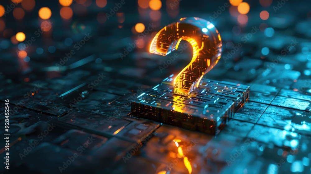 Poster a computer keyboard with a glowing question mark on it, suitable for use in technology and education