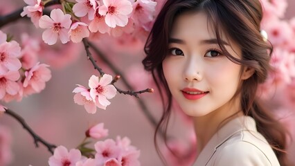 Japanese Asian face of a beautiful woman or model with cherry blossoms flower background happy smiling cheerful face