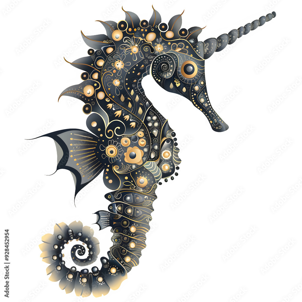 Poster This steampunk seahorse drawing is filled with detailed patterns, gears, and mechanical parts on a clear background. It's great for artsy and imaginative projects