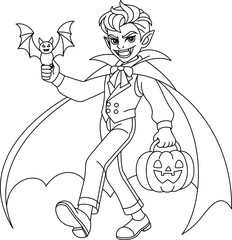 Vampire with a cape holding a bat hand drawn. Halloween Outline Coloring Page