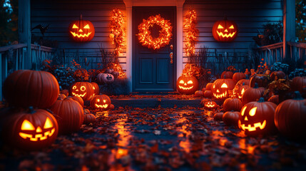 Fototapeta premium Halloween-themed entryway with spooky decorations, including a haunted house sign and pumpkins 