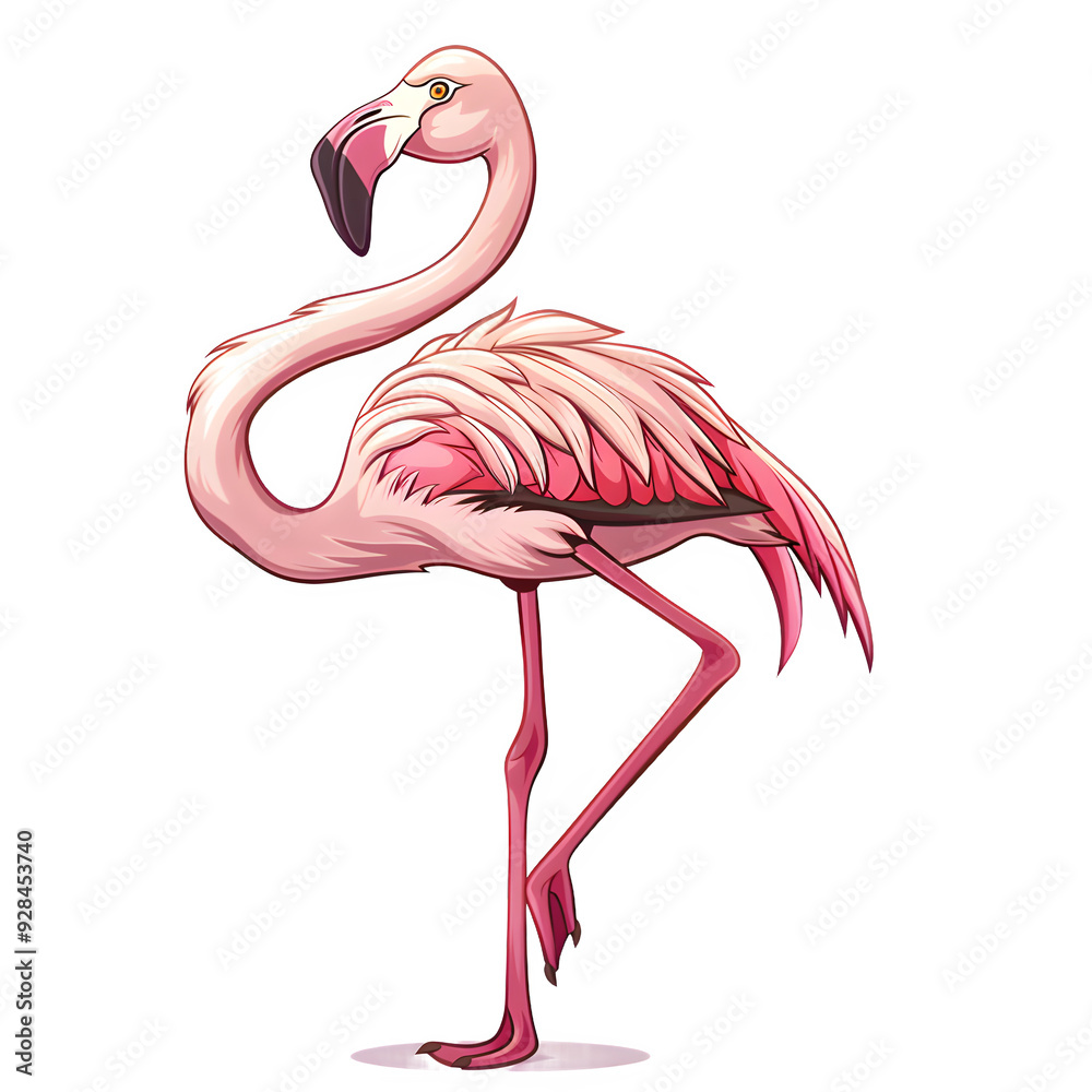 Poster Beautifully illustrated pink flamingo gracefully standing on one leg, isolated on a transparent background for versatile use in various design projects