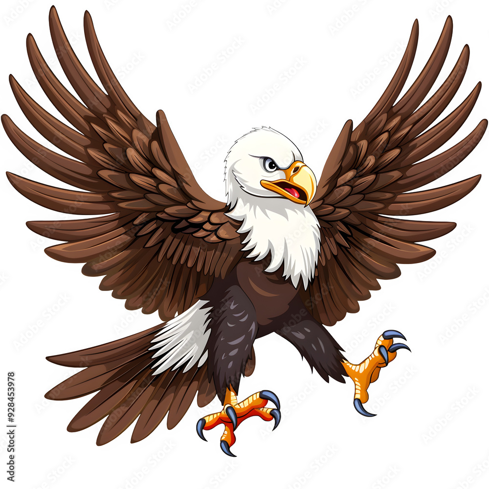 Poster Detailed illustration of a powerful bald eagle in high resolution, with wings outstretched and sharp talons, set against a clear background