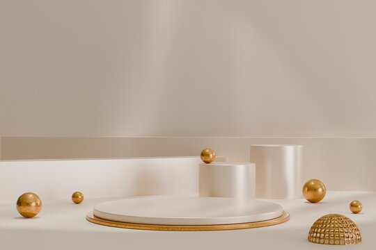 3D style podium of shiny gold coating for luxury beauty, cosmetic product display background. 3d illustration