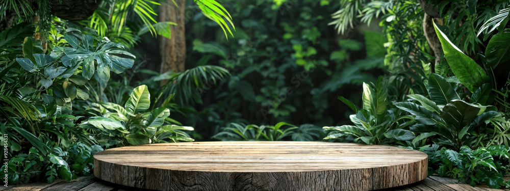 Poster empty round wooden platform surrounded by tropical leaves displaying products