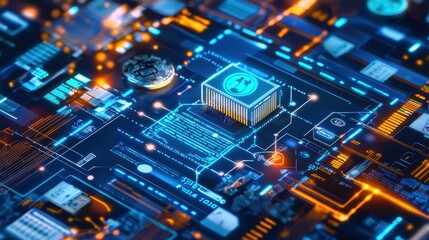 Futuristic Circuit Board with Glowing Lines and Symbols.