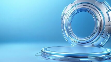 Modern podium, futuristic design, cool blue and silver tones, high-tech ambiance, 3D illustration
