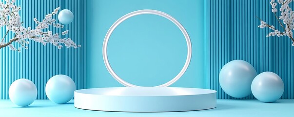 Abstract podium, geometric shapes, vibrant blue tones, high contrast lighting, 3D illustration