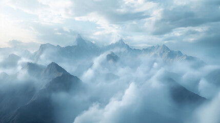 landscape with clouds, A scenic view of clouds hovering over a mountain range, with peaks partially hidden by misty clouds, creating a mystical atmosphere