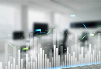 Double exposure of abstract financial graph with world map on office buildings background, forex and investment concept
