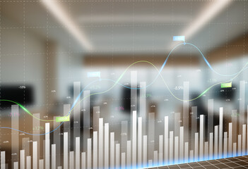 Double exposure of abstract financial graph with world map on office buildings background, forex and investment concept