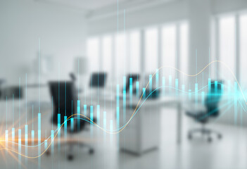 Double exposure of abstract financial graph with world map on office buildings background, forex and investment concept