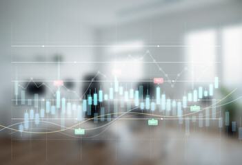 Double exposure of abstract financial graph with world map on office buildings background, forex and investment concept