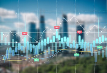Double exposure of abstract financial graph with world map on office buildings background, forex and investment concept