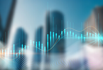 Double exposure of abstract financial graph with world map on office buildings background, forex and investment concept