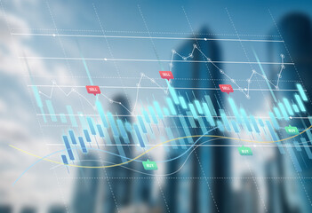 Double exposure of abstract financial graph with world map on office buildings background, forex and investment concept