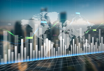 Double exposure of abstract financial graph with world map on office buildings background, forex and investment concept
