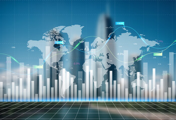 Double exposure of abstract financial graph with world map on office buildings background, forex and investment concept