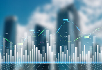 Double exposure of abstract financial graph with world map on office buildings background, forex and investment concept
