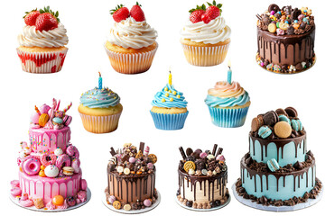 Set of colorful birthday cakes and cupcakes