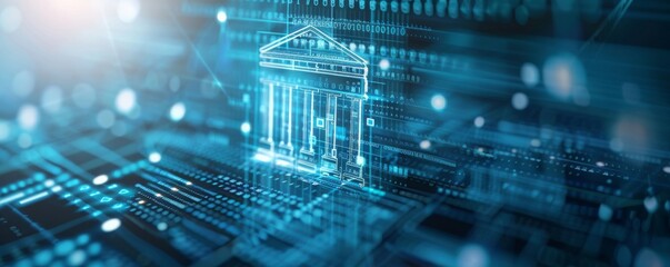 Futuristic digital bank illustration showcasing advanced technology and cybersecurity in the financial sector.