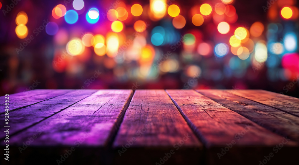 Aufkleber empty wooden table showing festive blurred bokeh lights background