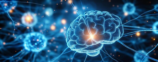 Brain activity, neurons firing with glowing sparks, intense blue and white contrast, flat design illustration