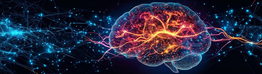Brain activity, colorful neural networks, electric pulses, dark futuristic background, visualizing thoughts in motion