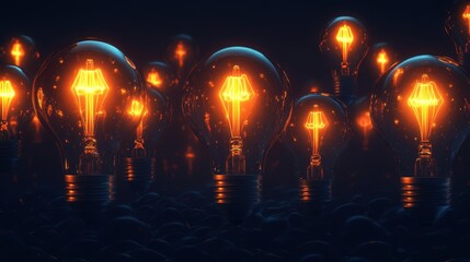 Brainstorming, glowing holographic ideas, flowing light bulbs, dark background, creative process in action