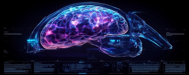 Brain scan, 3D MRI visualization, holographic layers, deep indigo and violet tones, advanced medical technology